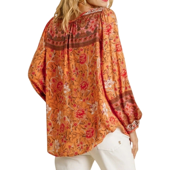 Orange Floral Peasant Top Lightweight Festival Flowy Rayon Blouse By Umgee Sz M - Picture 3 of 11